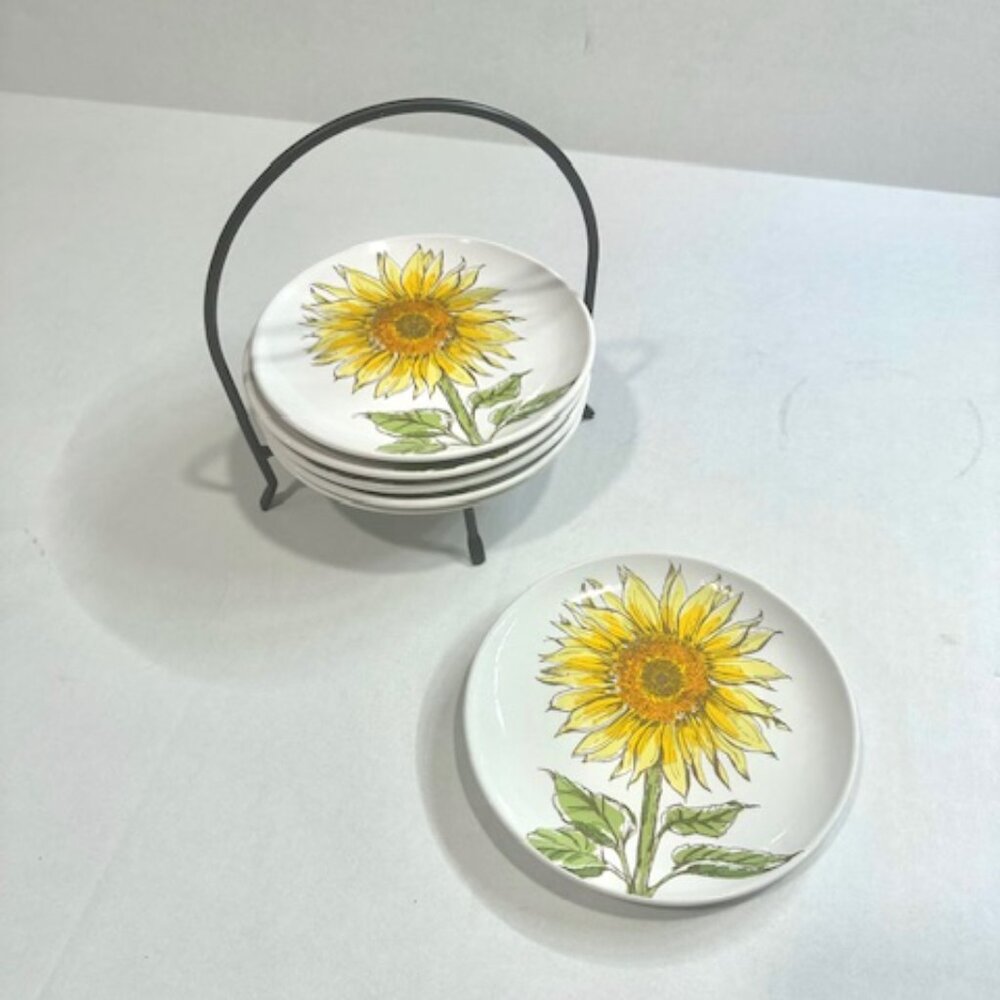 Signature Hoursewares Stoneware Plate Set of 6 W/ Metal Caddy Sunflower Design - Picture 13 of 14